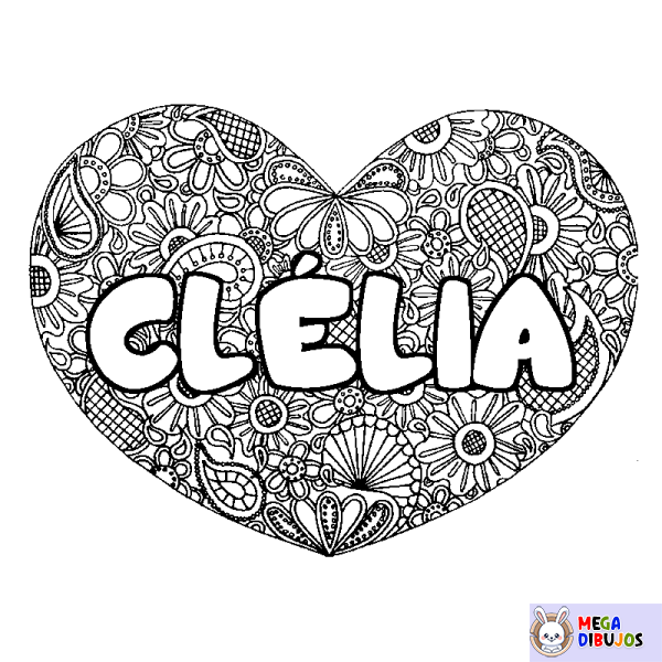 Coloración del nombre CL&Eacute;LIA - decorado mandala de coraz&oacute;n