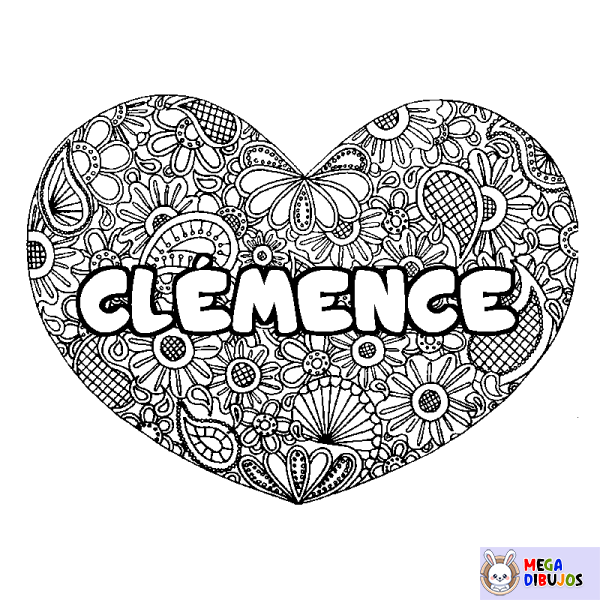 Coloración del nombre CL&Eacute;MENCE - decorado mandala de coraz&oacute;n