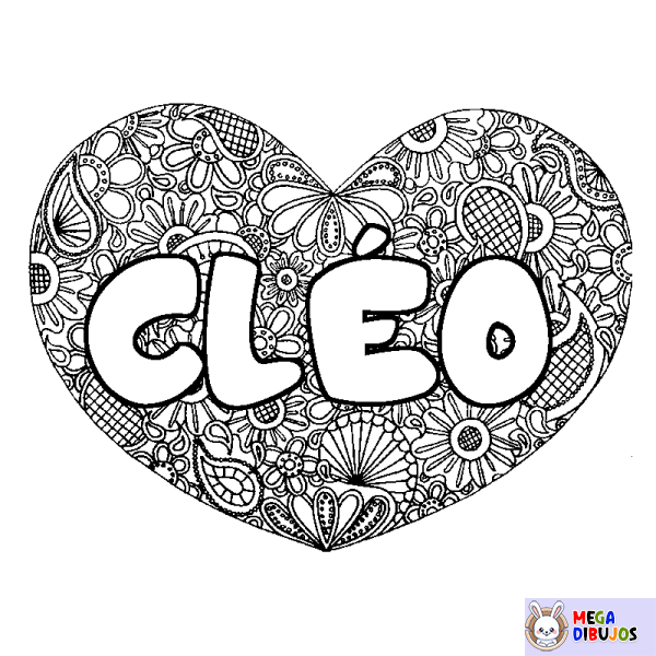 Coloración del nombre CL&Eacute;O - decorado mandala de coraz&oacute;n