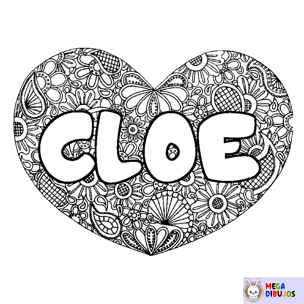 Coloración del nombre CLOE - decorado mandala de coraz&oacute;n