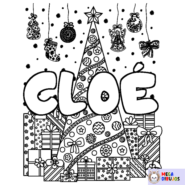 Coloración del nombre CLO&Eacute; - decorado &aacute;rbol de Navidad y regalos