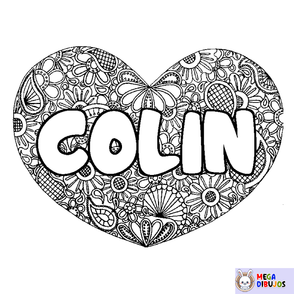 Coloración del nombre COLIN - decorado mandala de coraz&oacute;n