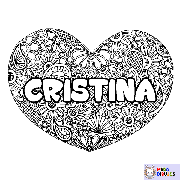 Coloración del nombre CRISTINA - decorado mandala de coraz&oacute;n