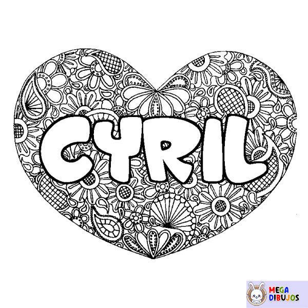 Coloración del nombre CYRIL - decorado mandala de coraz&oacute;n