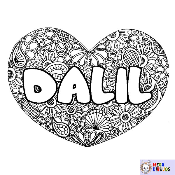 Coloración del nombre DALIL - decorado mandala de coraz&oacute;n