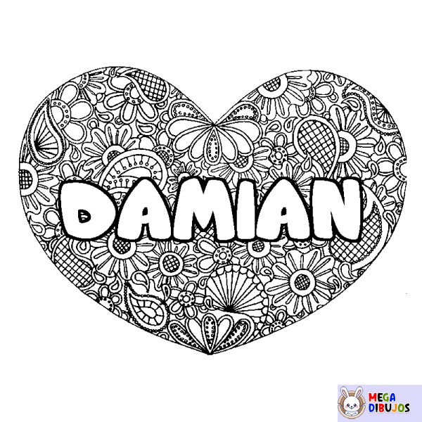 Coloración del nombre DAMIAN - decorado mandala de coraz&oacute;n