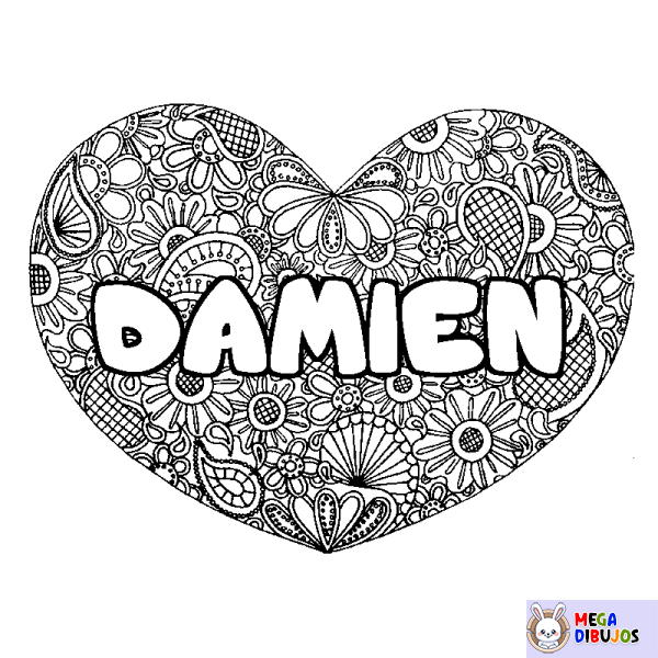 Coloración del nombre DAMIEN - decorado mandala de coraz&oacute;n