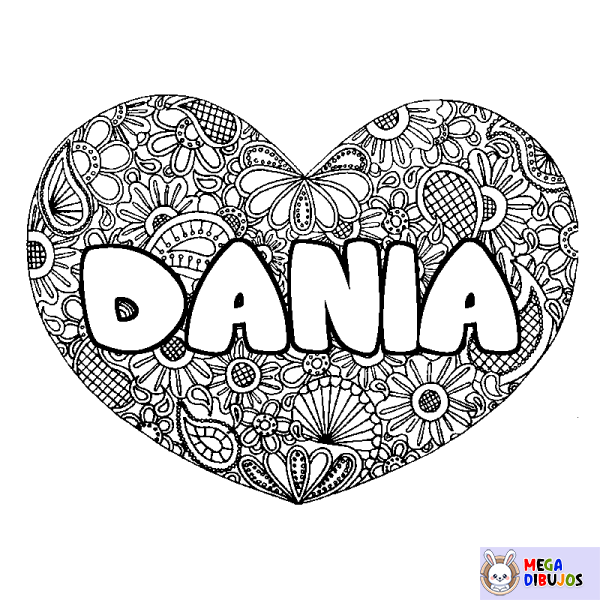 Coloración del nombre DANIA - decorado mandala de coraz&oacute;n