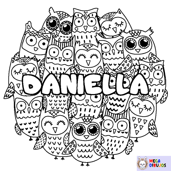 Coloración del nombre DANIELLA - decorado b&uacute;hos