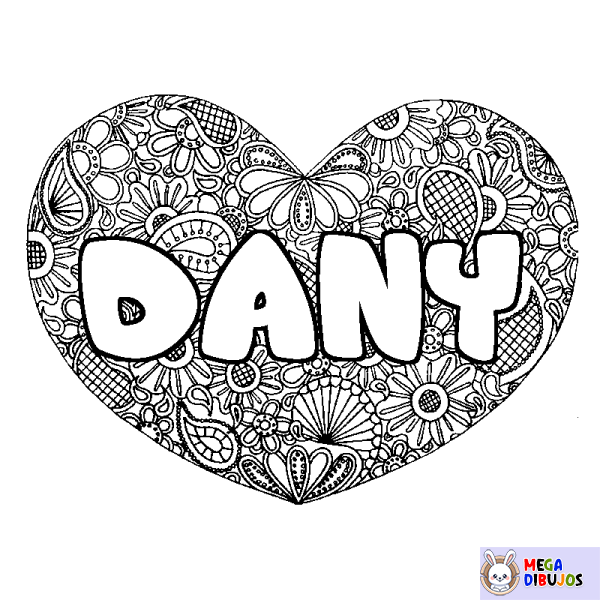 Coloración del nombre DANY - decorado mandala de coraz&oacute;n