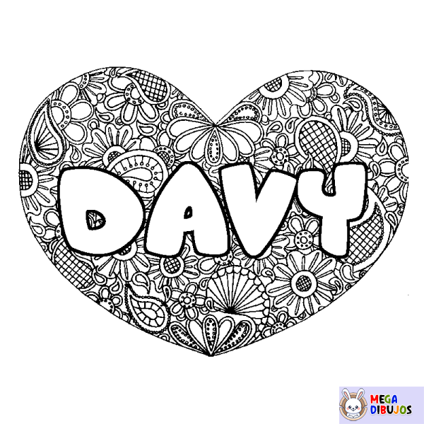 Coloración del nombre DAVY - decorado mandala de coraz&oacute;n