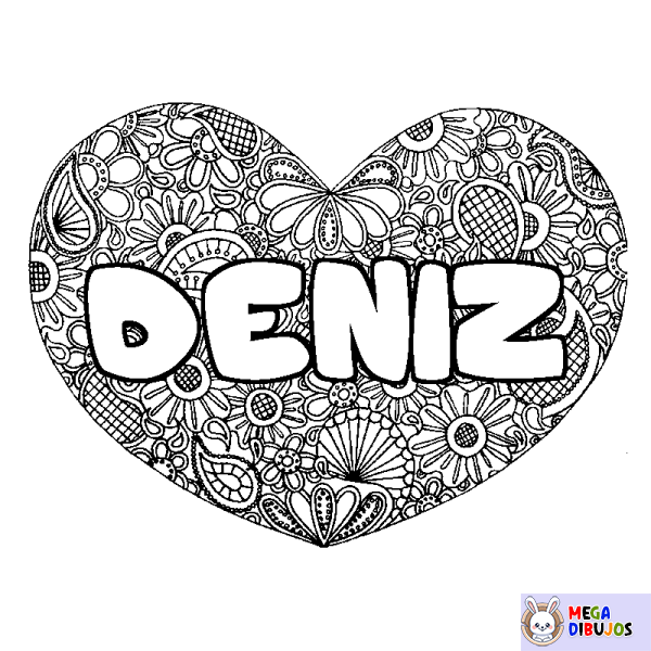 Coloración del nombre DENIZ - decorado mandala de coraz&oacute;n