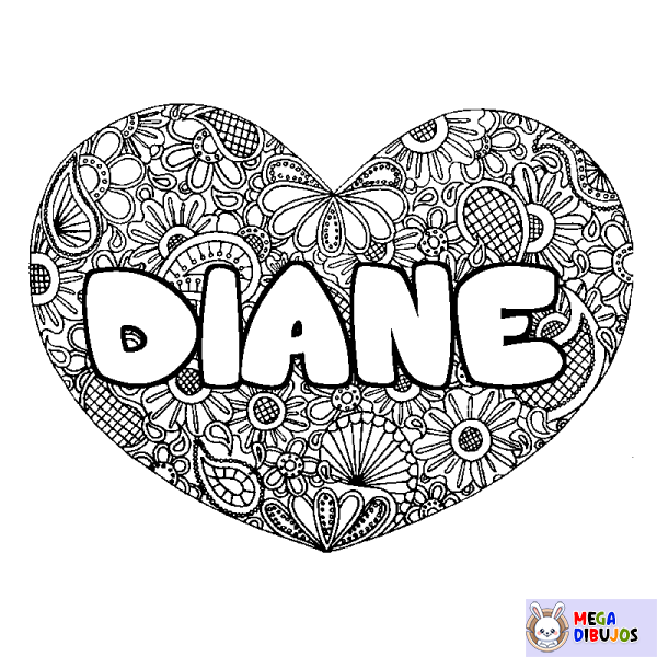 Coloración del nombre DIANE - decorado mandala de coraz&oacute;n