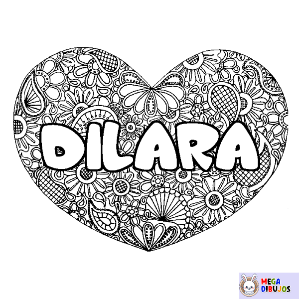 Coloración del nombre DILARA - decorado mandala de coraz&oacute;n