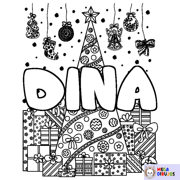 Coloración del nombre DINA - decorado &aacute;rbol de Navidad y regalos