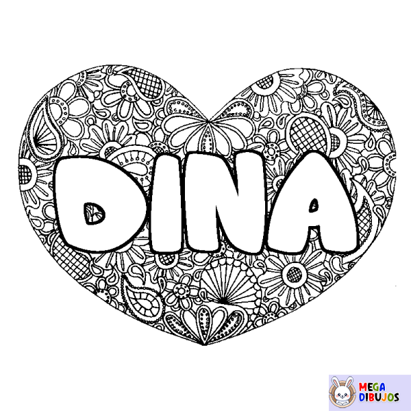 Coloración del nombre DINA - decorado mandala de coraz&oacute;n