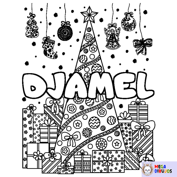 Coloración del nombre DJAMEL - decorado &aacute;rbol de Navidad y regalos
