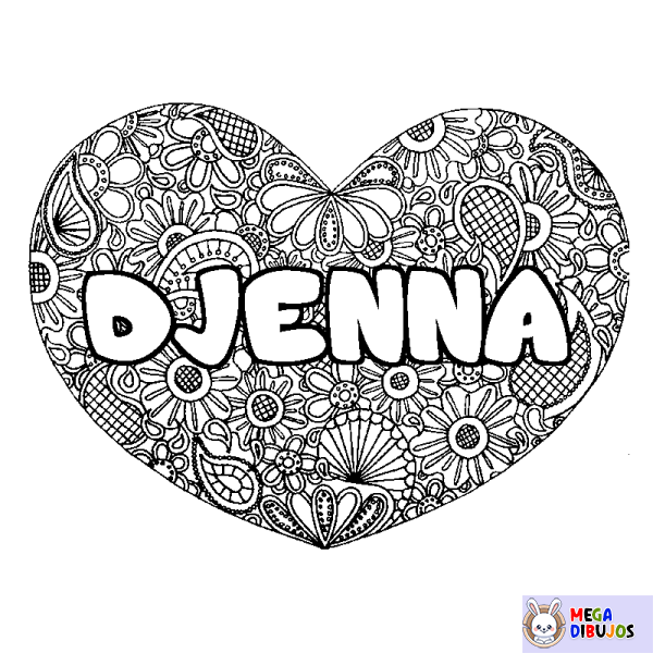 Coloración del nombre DJENNA - decorado mandala de coraz&oacute;n