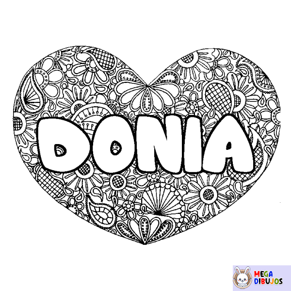 Coloración del nombre DONIA - decorado mandala de coraz&oacute;n