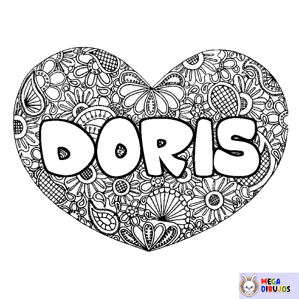 Coloración del nombre DORIS - decorado mandala de coraz&oacute;n