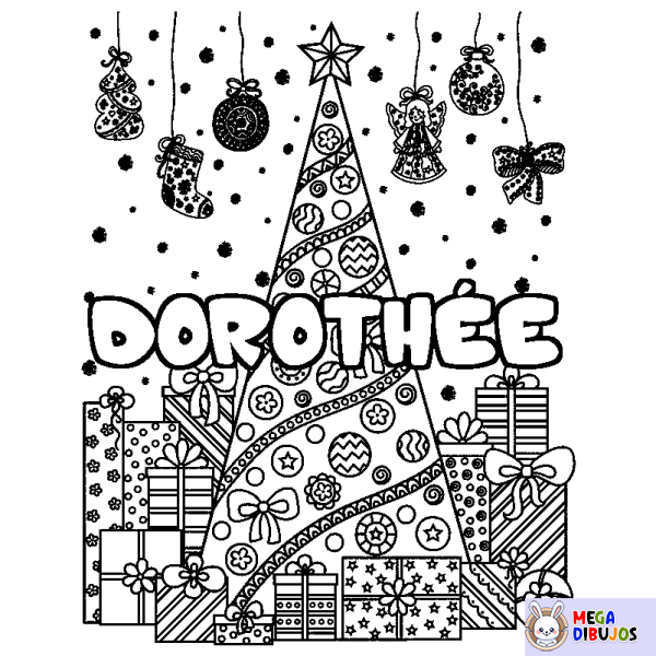 Coloración del nombre DOROTH&Eacute;E - decorado &aacute;rbol de Navidad y regalos