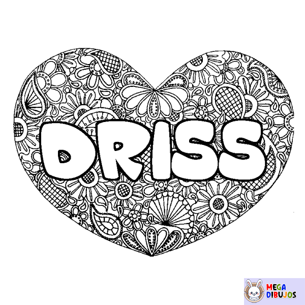 Coloración del nombre DRISS - decorado mandala de coraz&oacute;n