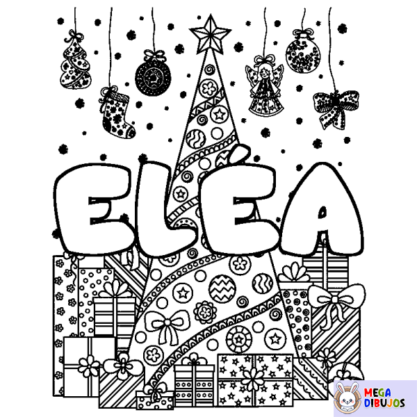 Coloración del nombre EL&Eacute;A - decorado &aacute;rbol de Navidad y regalos