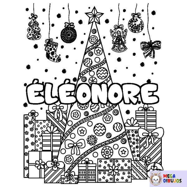 Coloración del nombre &Eacute;L&Eacute;ONORE - decorado &aacute;rbol de Navidad y regalos