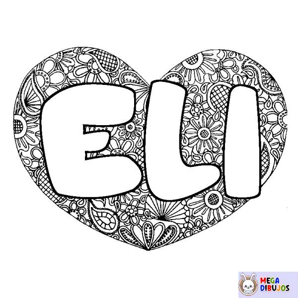 Coloración del nombre ELI - decorado mandala de coraz&oacute;n