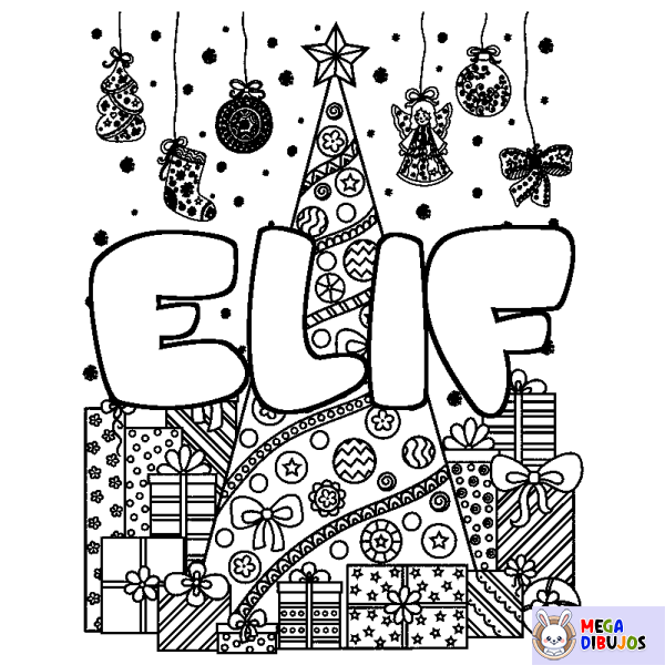 Coloración del nombre ELIF - decorado &aacute;rbol de Navidad y regalos