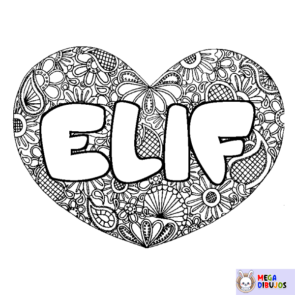 Coloración del nombre ELIF - decorado mandala de coraz&oacute;n