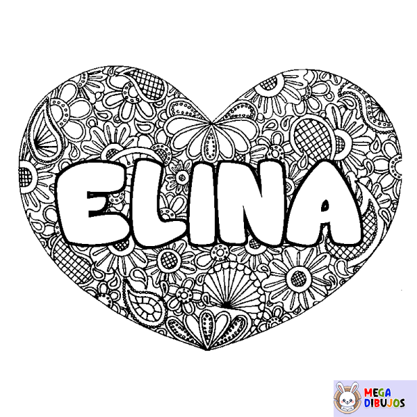 Coloración del nombre ELINA - decorado mandala de coraz&oacute;n