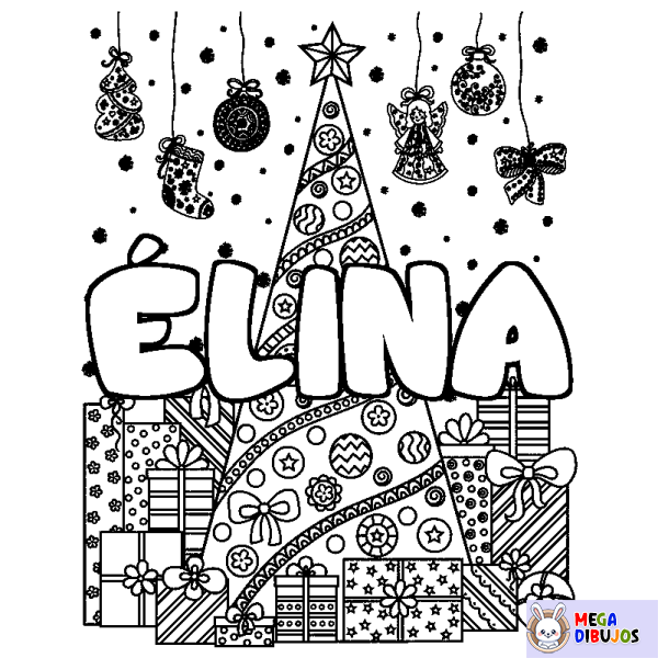 Coloración del nombre &Eacute;LINA - decorado &aacute;rbol de Navidad y regalos