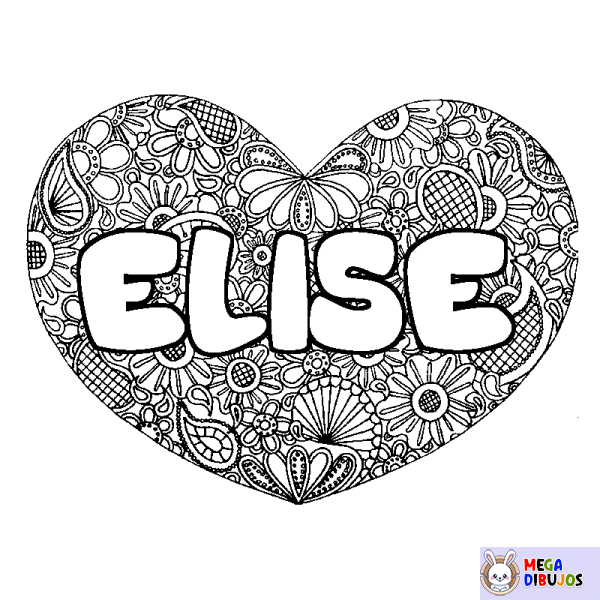 Coloración del nombre ELISE - decorado mandala de coraz&oacute;n