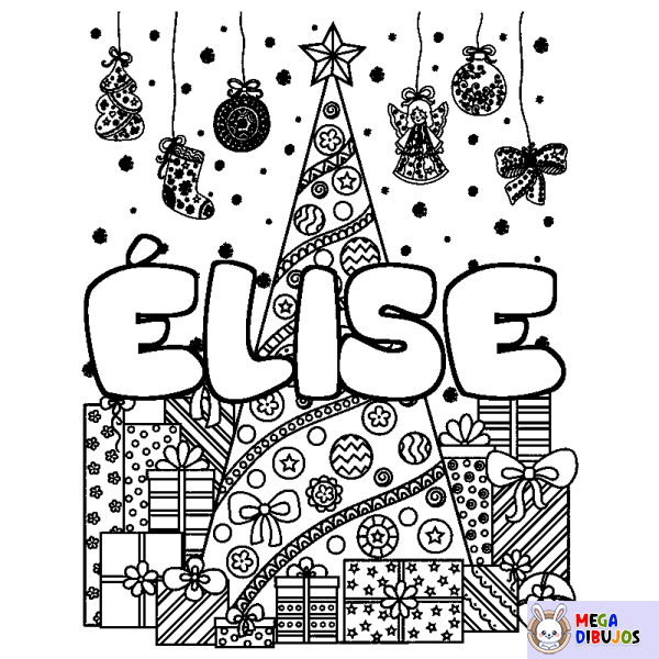 Coloración del nombre &Eacute;LISE - decorado &aacute;rbol de Navidad y regalos