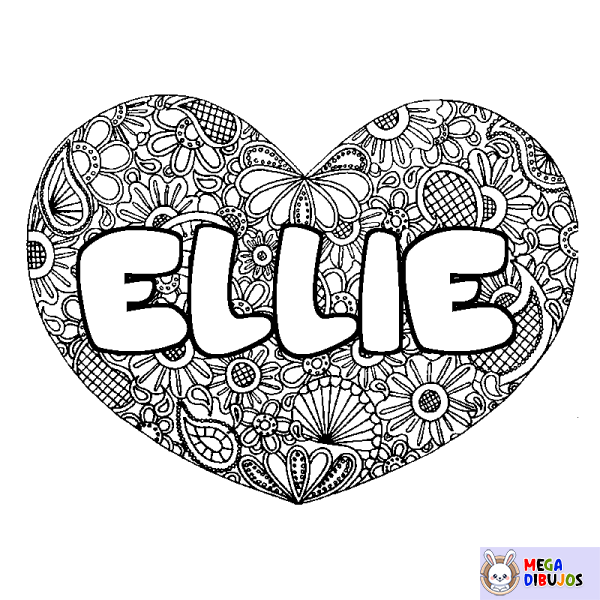 Coloración del nombre ELLIE - decorado mandala de coraz&oacute;n