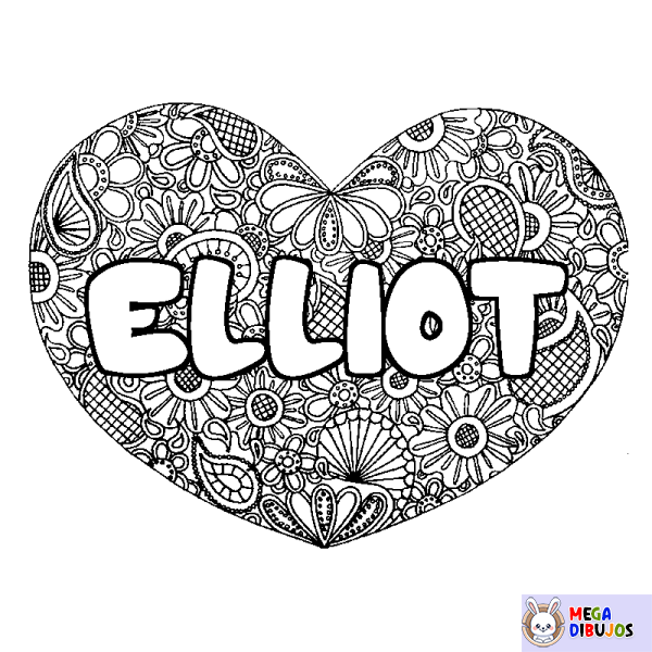 Coloración del nombre ELLIOT - decorado mandala de coraz&oacute;n