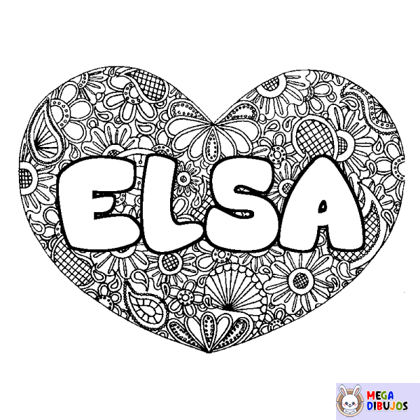 Coloración del nombre ELSA - decorado mandala de coraz&oacute;n