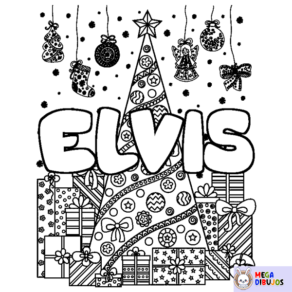 Coloración del nombre ELVIS - decorado &aacute;rbol de Navidad y regalos