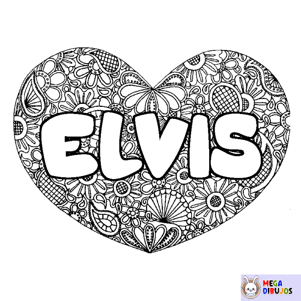 Coloración del nombre ELVIS - decorado mandala de coraz&oacute;n