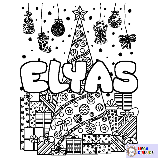 Coloración del nombre ELYAS - decorado &aacute;rbol de Navidad y regalos