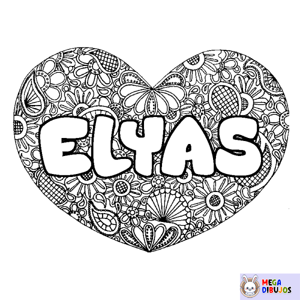 Coloración del nombre ELYAS - decorado mandala de coraz&oacute;n