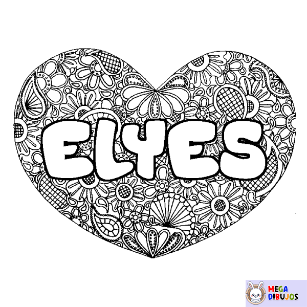 Coloración del nombre ELYES - decorado mandala de coraz&oacute;n