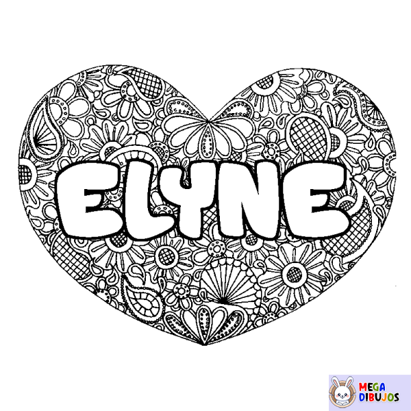 Coloración del nombre ELYNE - decorado mandala de coraz&oacute;n