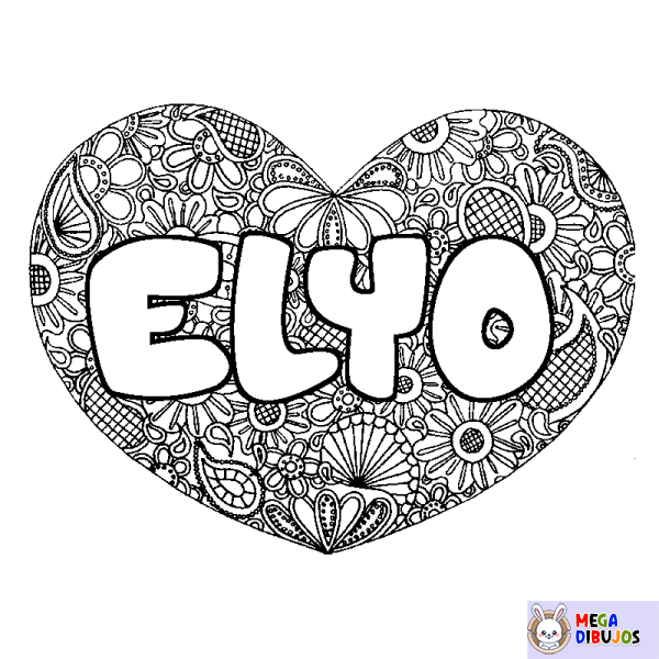 Coloración del nombre ELYO - decorado mandala de coraz&oacute;n