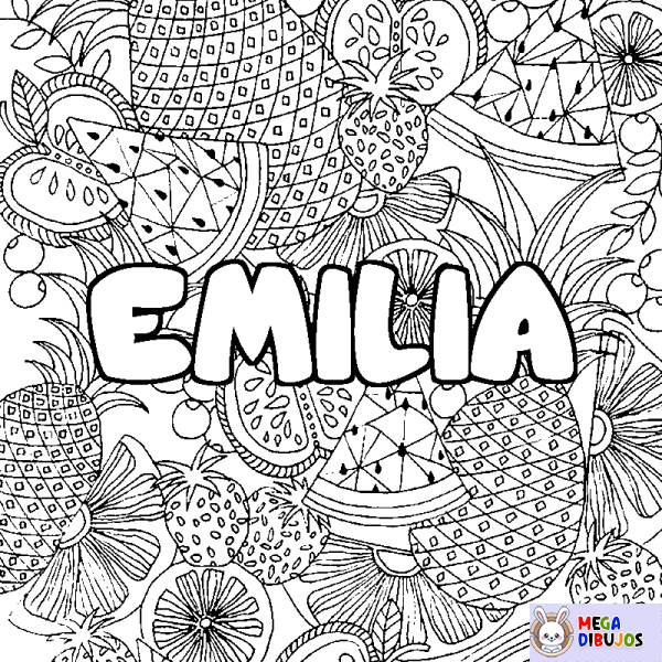 Coloración del nombre EMILIA - decorado mandala de frutas