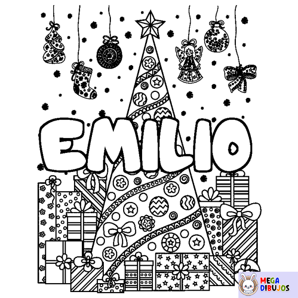 Coloración del nombre EMILIO - decorado &aacute;rbol de Navidad y regalos