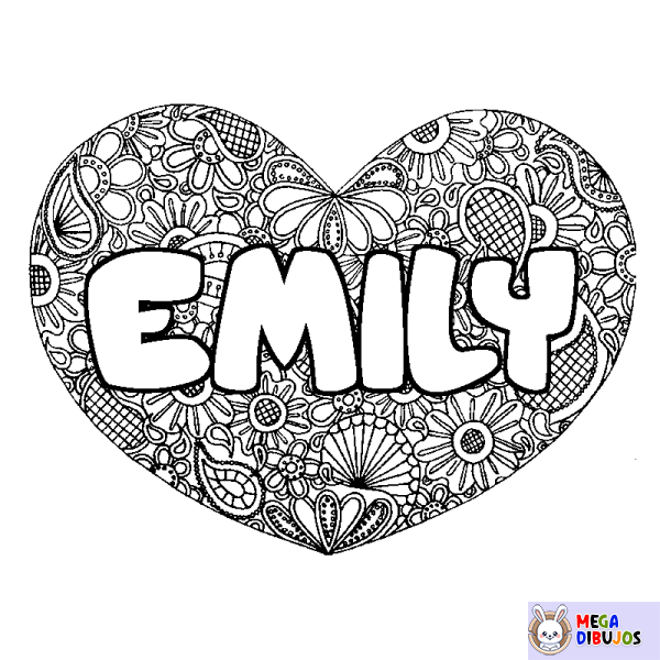 Coloración del nombre EMILY - decorado mandala de coraz&oacute;n