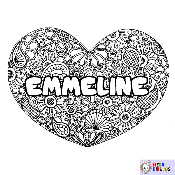 Coloración del nombre EMMELINE - decorado mandala de coraz&oacute;n