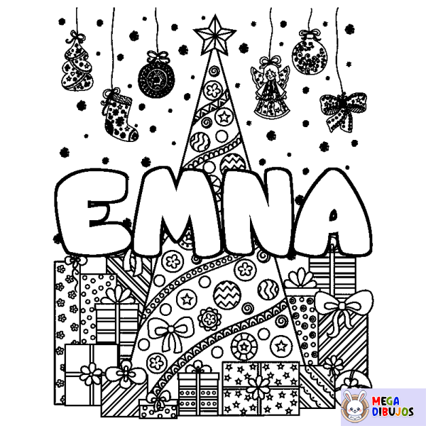 Coloración del nombre EMNA - decorado &aacute;rbol de Navidad y regalos